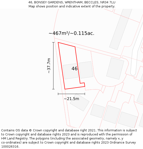 46, BONSEY GARDENS, WRENTHAM, BECCLES, NR34 7LU: Plot and title map