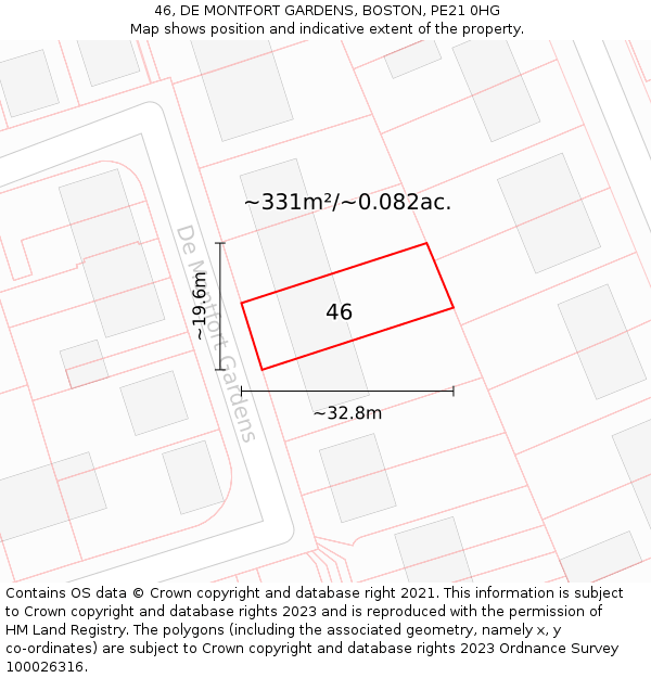 46, DE MONTFORT GARDENS, BOSTON, PE21 0HG: Plot and title map