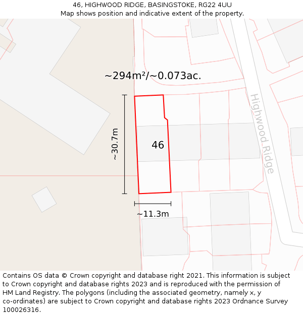 46, HIGHWOOD RIDGE, BASINGSTOKE, RG22 4UU: Plot and title map