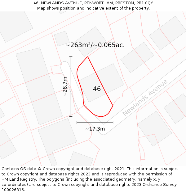 46, NEWLANDS AVENUE, PENWORTHAM, PRESTON, PR1 0QY: Plot and title map