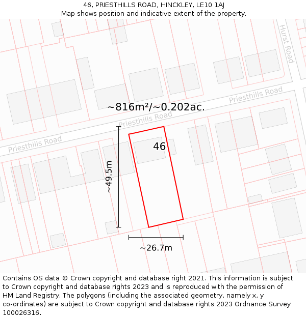 46, PRIESTHILLS ROAD, HINCKLEY, LE10 1AJ: Plot and title map