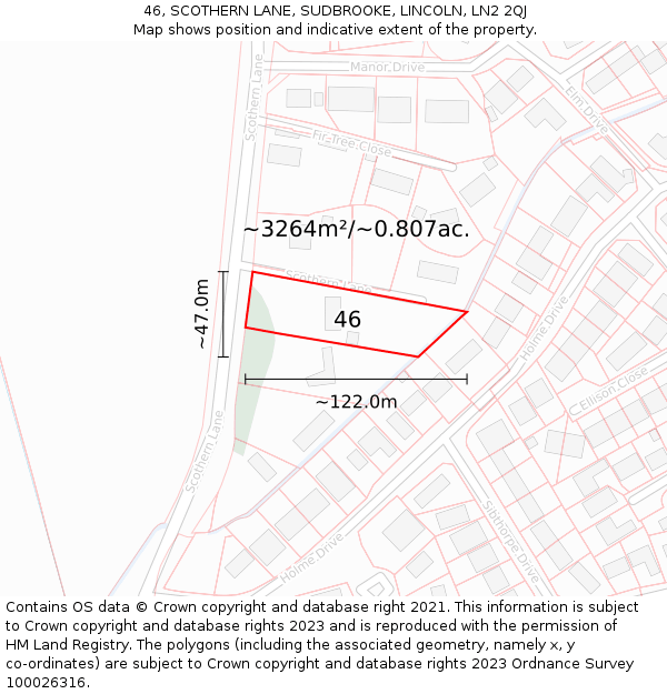 46, SCOTHERN LANE, SUDBROOKE, LINCOLN, LN2 2QJ: Plot and title map