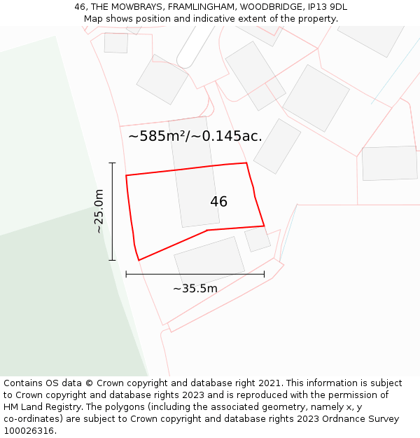 46, THE MOWBRAYS, FRAMLINGHAM, WOODBRIDGE, IP13 9DL: Plot and title map