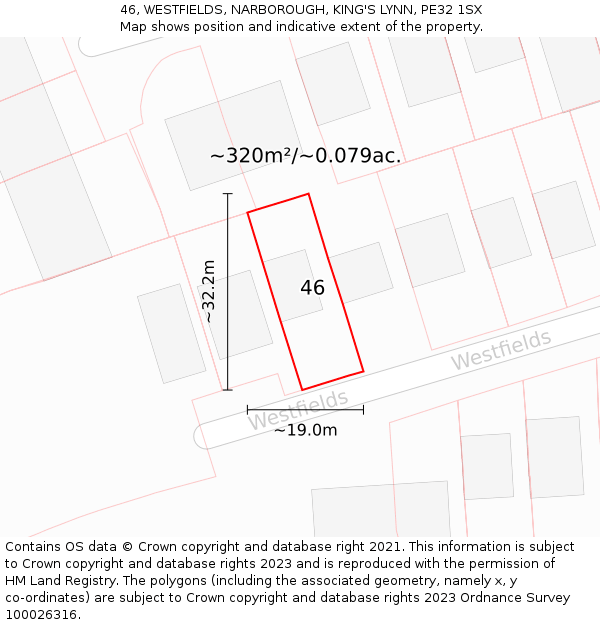 46, WESTFIELDS, NARBOROUGH, KING'S LYNN, PE32 1SX: Plot and title map