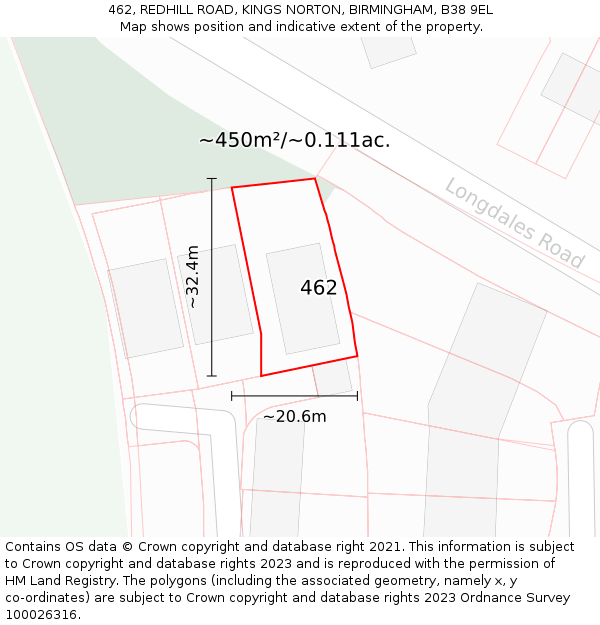 462, REDHILL ROAD, KINGS NORTON, BIRMINGHAM, B38 9EL: Plot and title map