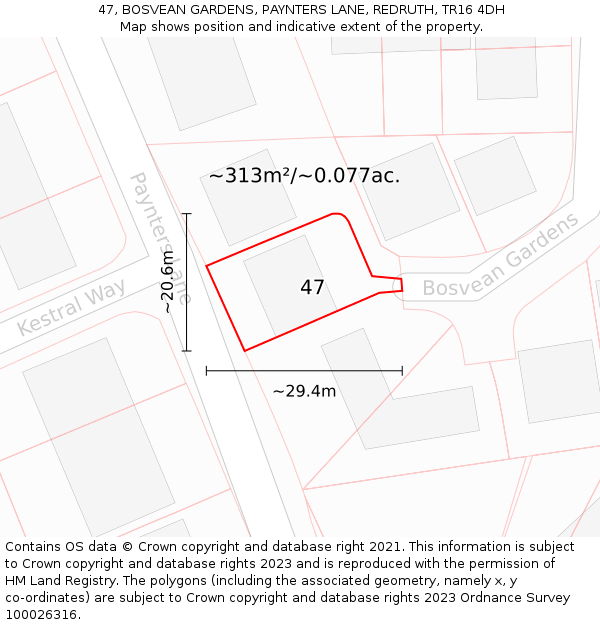 47, BOSVEAN GARDENS, PAYNTERS LANE, REDRUTH, TR16 4DH: Plot and title map