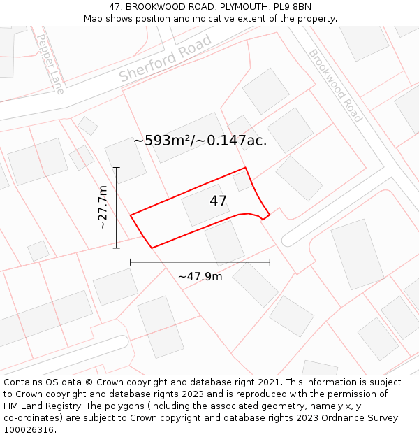 47, BROOKWOOD ROAD, PLYMOUTH, PL9 8BN: Plot and title map