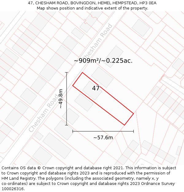 47, CHESHAM ROAD, BOVINGDON, HEMEL HEMPSTEAD, HP3 0EA: Plot and title map