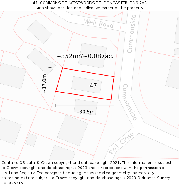 47, COMMONSIDE, WESTWOODSIDE, DONCASTER, DN9 2AR: Plot and title map