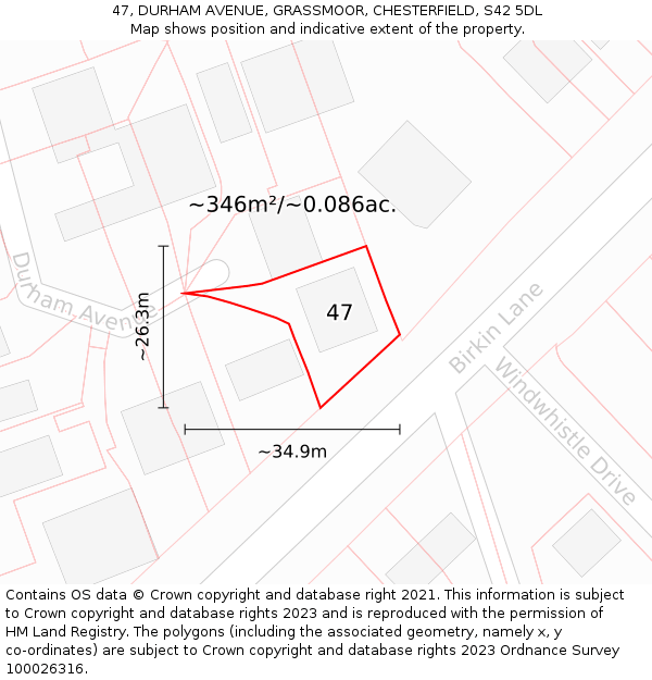 47, DURHAM AVENUE, GRASSMOOR, CHESTERFIELD, S42 5DL: Plot and title map