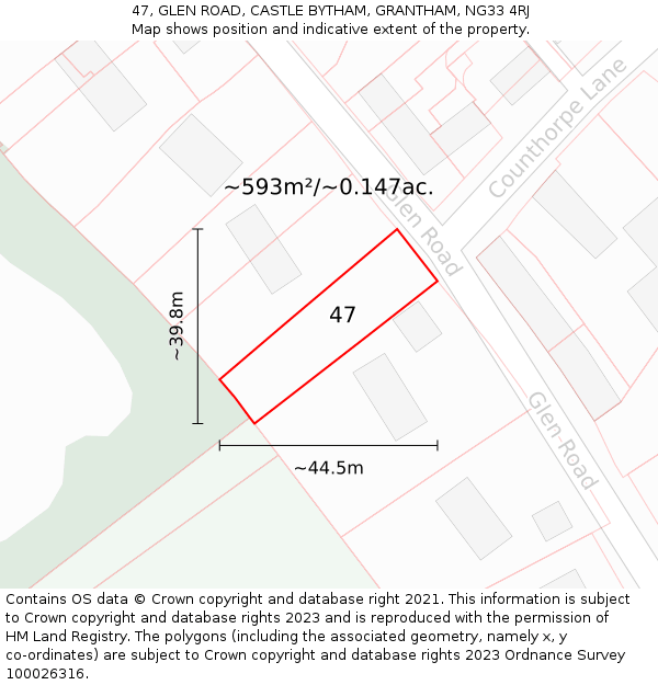 47, GLEN ROAD, CASTLE BYTHAM, GRANTHAM, NG33 4RJ: Plot and title map