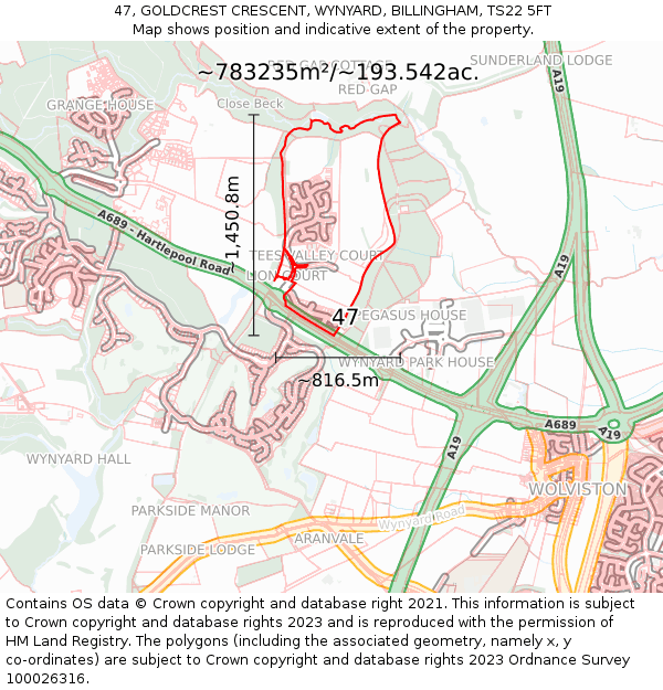 47, GOLDCREST CRESCENT, WYNYARD, BILLINGHAM, TS22 5FT: Plot and title map