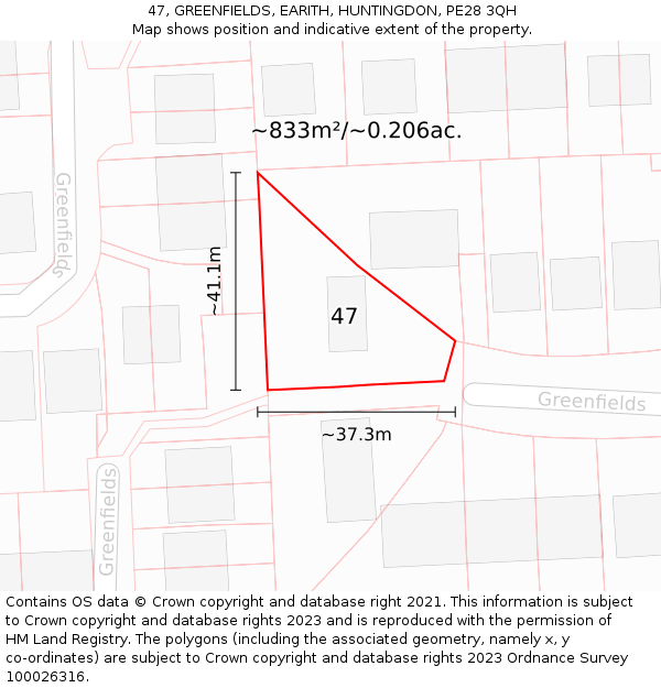 47, GREENFIELDS, EARITH, HUNTINGDON, PE28 3QH: Plot and title map