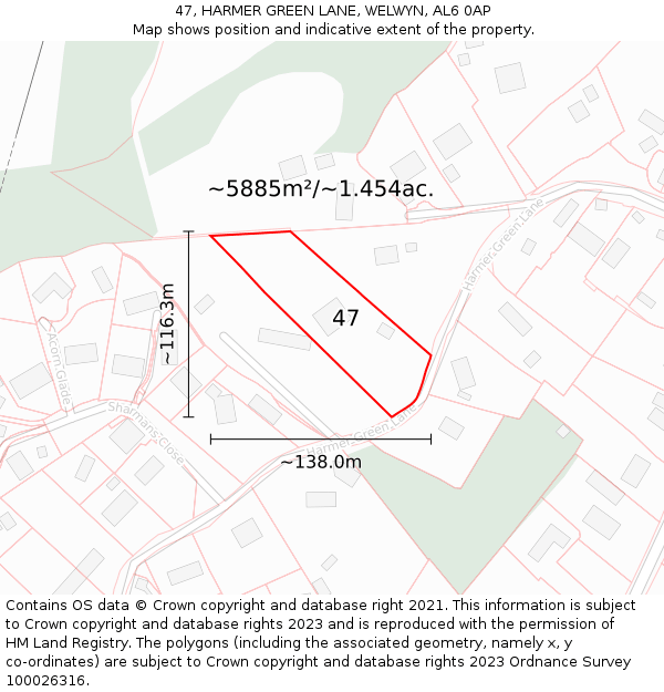 47, HARMER GREEN LANE, WELWYN, AL6 0AP: Plot and title map