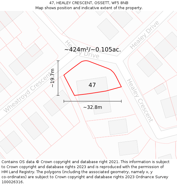 47, HEALEY CRESCENT, OSSETT, WF5 8NB: Plot and title map