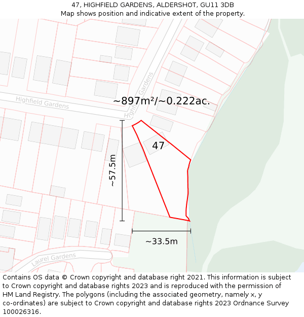 47, HIGHFIELD GARDENS, ALDERSHOT, GU11 3DB: Plot and title map