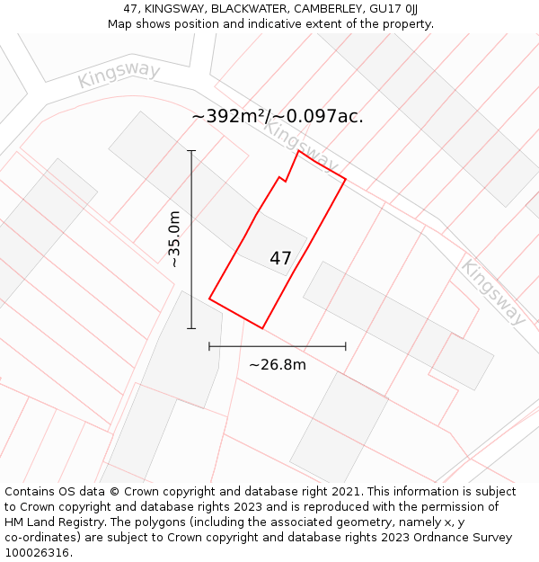 47, KINGSWAY, BLACKWATER, CAMBERLEY, GU17 0JJ: Plot and title map