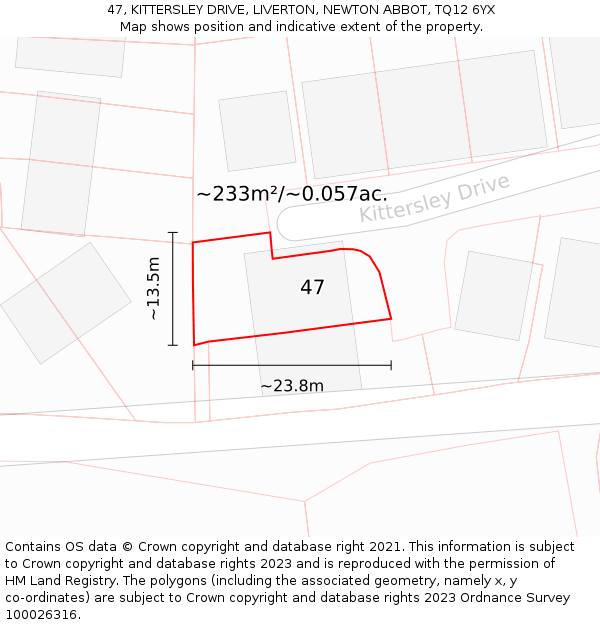 47, KITTERSLEY DRIVE, LIVERTON, NEWTON ABBOT, TQ12 6YX: Plot and title map