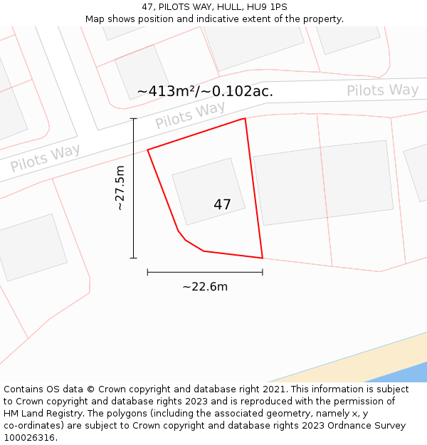 47, PILOTS WAY, HULL, HU9 1PS: Plot and title map