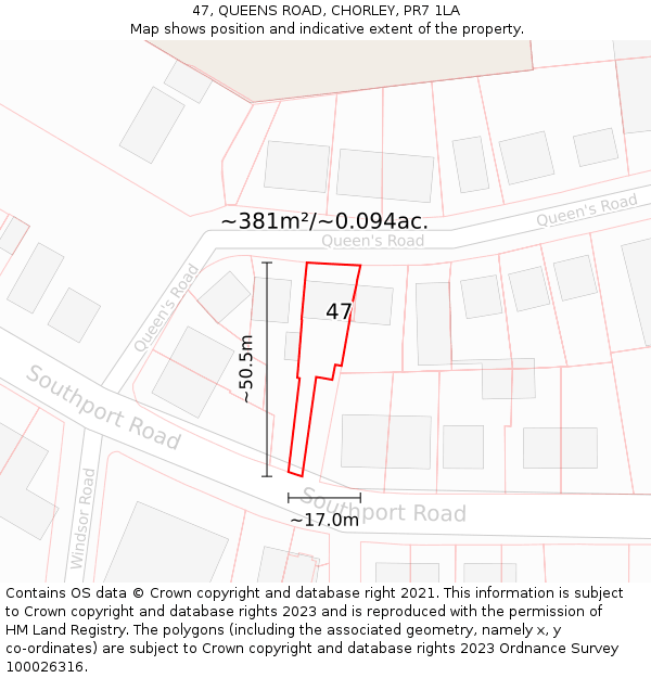 47, QUEENS ROAD, CHORLEY, PR7 1LA: Plot and title map