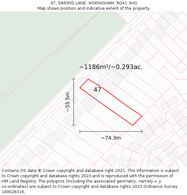 47, SIMONS LANE, WOKINGHAM, RG41 3HG: Plot and title map