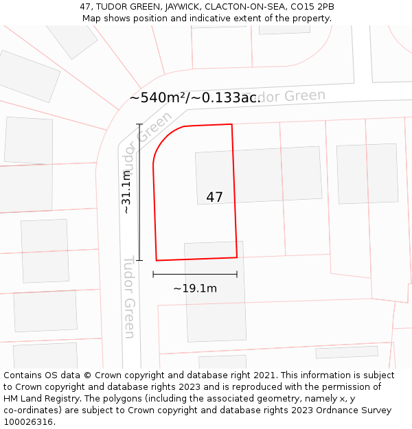47, TUDOR GREEN, JAYWICK, CLACTON-ON-SEA, CO15 2PB: Plot and title map