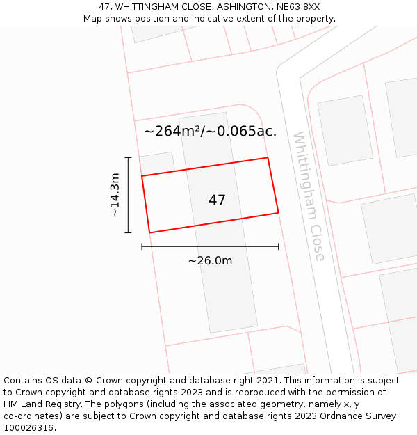 47, WHITTINGHAM CLOSE, ASHINGTON, NE63 8XX: Plot and title map