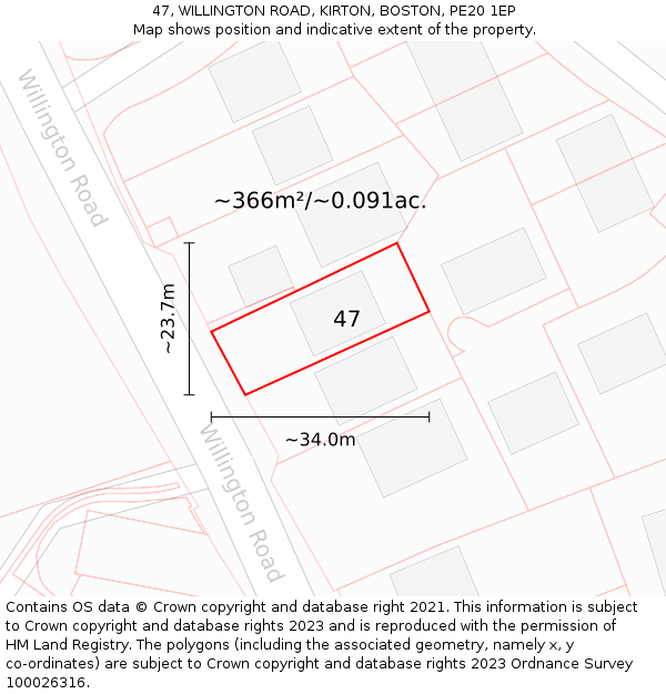 47, WILLINGTON ROAD, KIRTON, BOSTON, PE20 1EP: Plot and title map