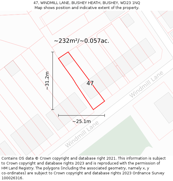 47, WINDMILL LANE, BUSHEY HEATH, BUSHEY, WD23 1NQ: Plot and title map