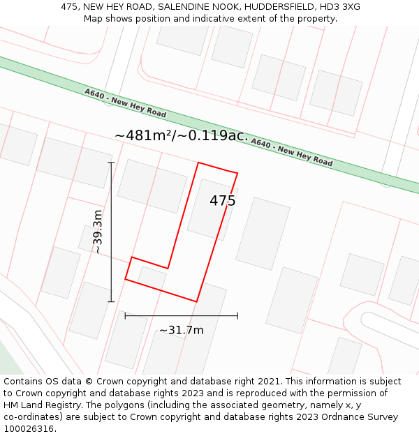 475, NEW HEY ROAD, SALENDINE NOOK, HUDDERSFIELD, HD3 3XG: Plot and title map