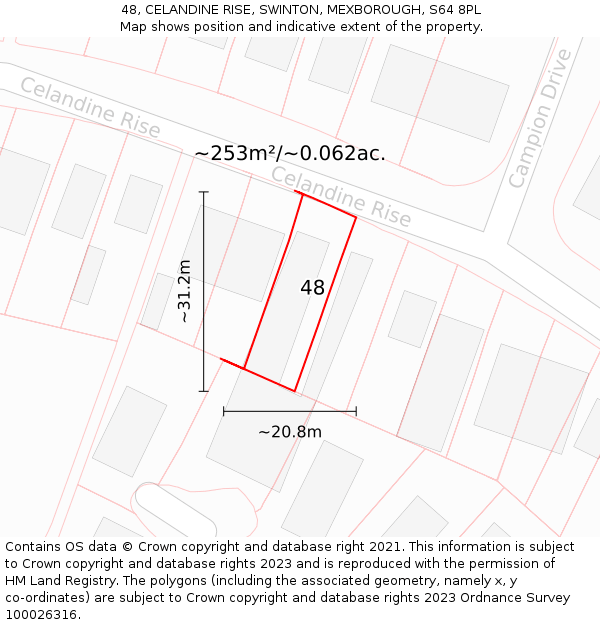 48, CELANDINE RISE, SWINTON, MEXBOROUGH, S64 8PL: Plot and title map