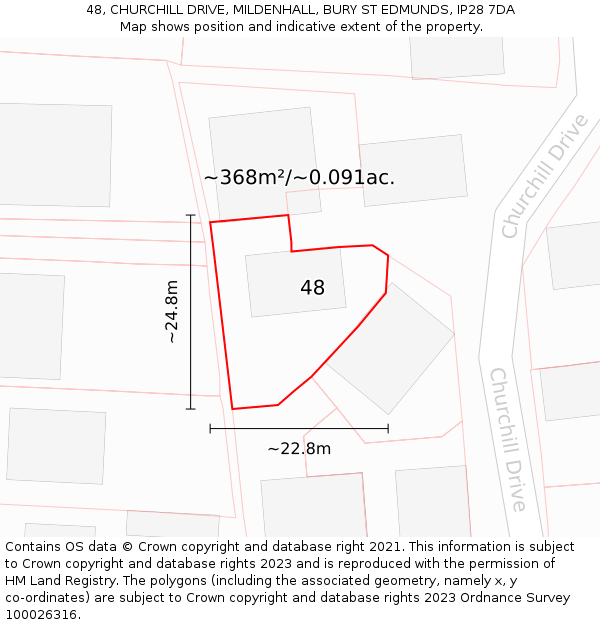 48, CHURCHILL DRIVE, MILDENHALL, BURY ST EDMUNDS, IP28 7DA: Plot and title map