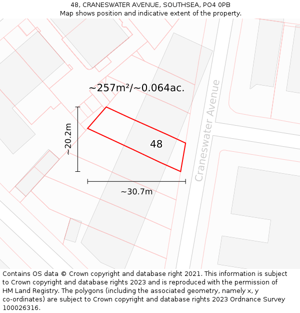 48, CRANESWATER AVENUE, SOUTHSEA, PO4 0PB: Plot and title map