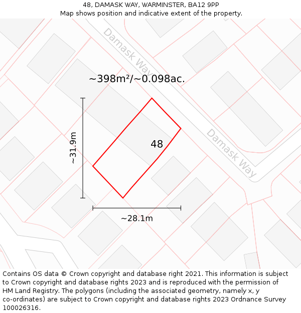48, DAMASK WAY, WARMINSTER, BA12 9PP: Plot and title map