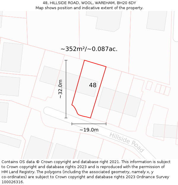 48, HILLSIDE ROAD, WOOL, WAREHAM, BH20 6DY: Plot and title map