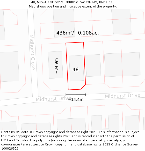 48, MIDHURST DRIVE, FERRING, WORTHING, BN12 5BL: Plot and title map