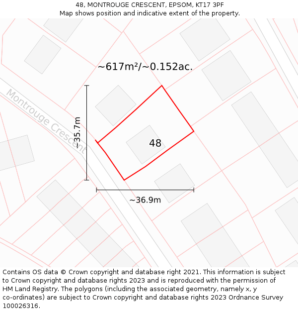 48, MONTROUGE CRESCENT, EPSOM, KT17 3PF: Plot and title map