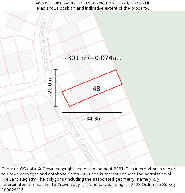 48, OSBORNE GARDENS, FAIR OAK, EASTLEIGH, SO50 7NP: Plot and title map