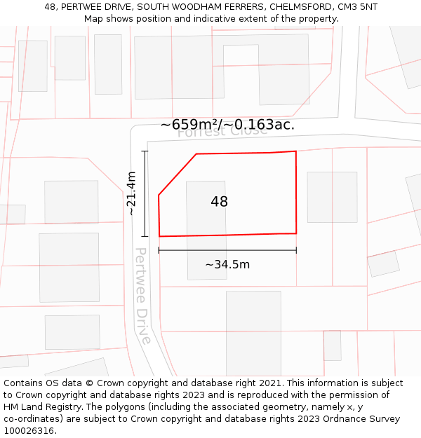 48, PERTWEE DRIVE, SOUTH WOODHAM FERRERS, CHELMSFORD, CM3 5NT: Plot and title map