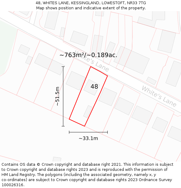 48, WHITES LANE, KESSINGLAND, LOWESTOFT, NR33 7TG: Plot and title map