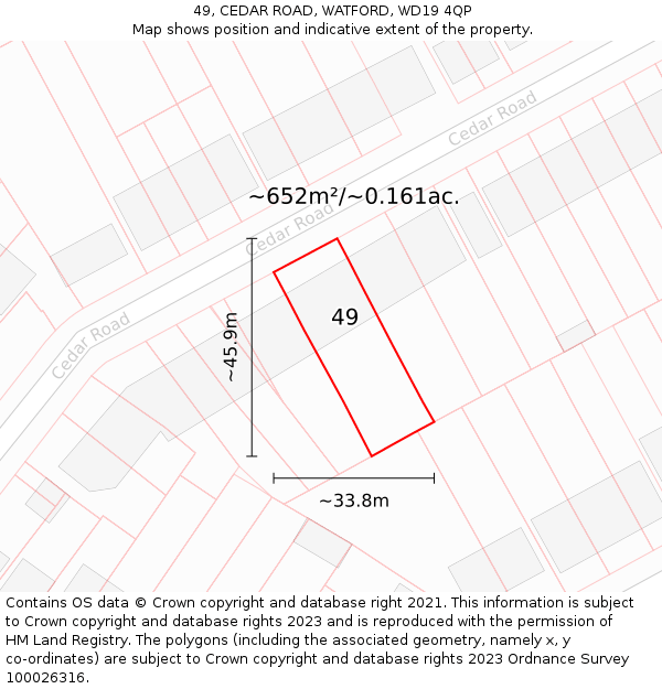 49, CEDAR ROAD, WATFORD, WD19 4QP: Plot and title map