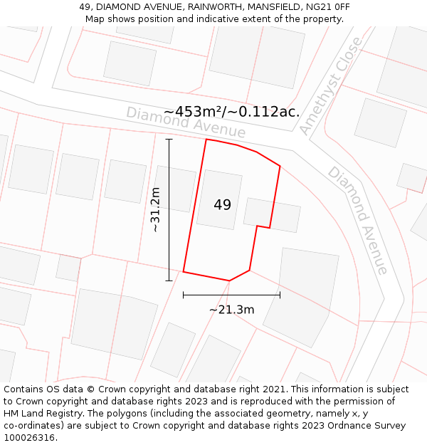 49, DIAMOND AVENUE, RAINWORTH, MANSFIELD, NG21 0FF: Plot and title map