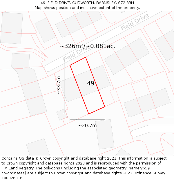 49, FIELD DRIVE, CUDWORTH, BARNSLEY, S72 8RH: Plot and title map