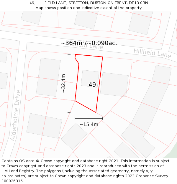 49, HILLFIELD LANE, STRETTON, BURTON-ON-TRENT, DE13 0BN: Plot and title map