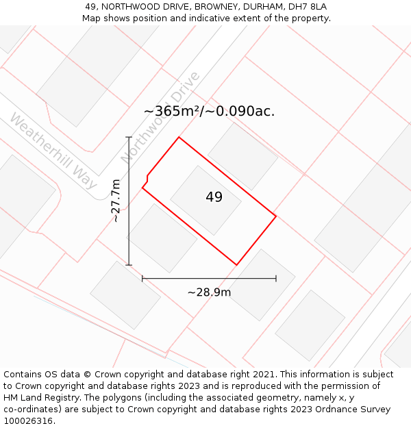 49, NORTHWOOD DRIVE, BROWNEY, DURHAM, DH7 8LA: Plot and title map