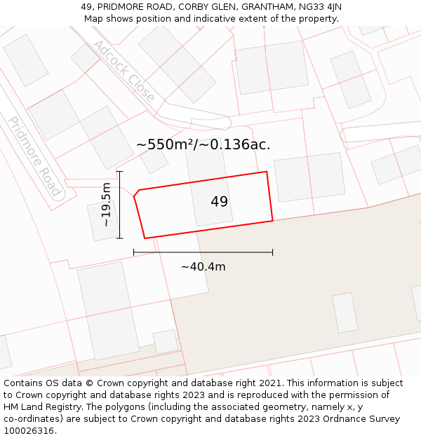 49, PRIDMORE ROAD, CORBY GLEN, GRANTHAM, NG33 4JN: Plot and title map