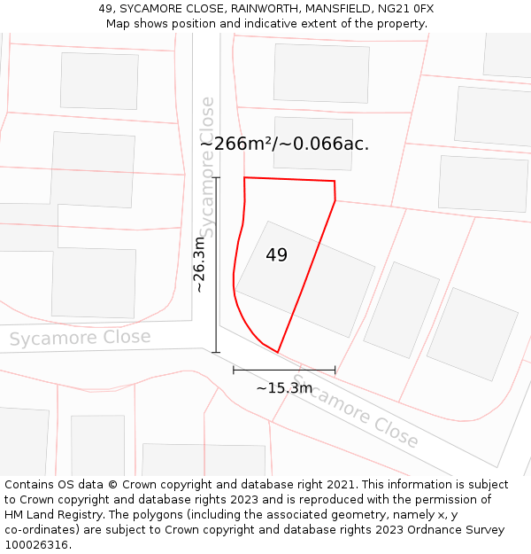 49, SYCAMORE CLOSE, RAINWORTH, MANSFIELD, NG21 0FX: Plot and title map