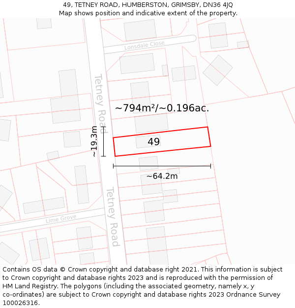 49, TETNEY ROAD, HUMBERSTON, GRIMSBY, DN36 4JQ: Plot and title map