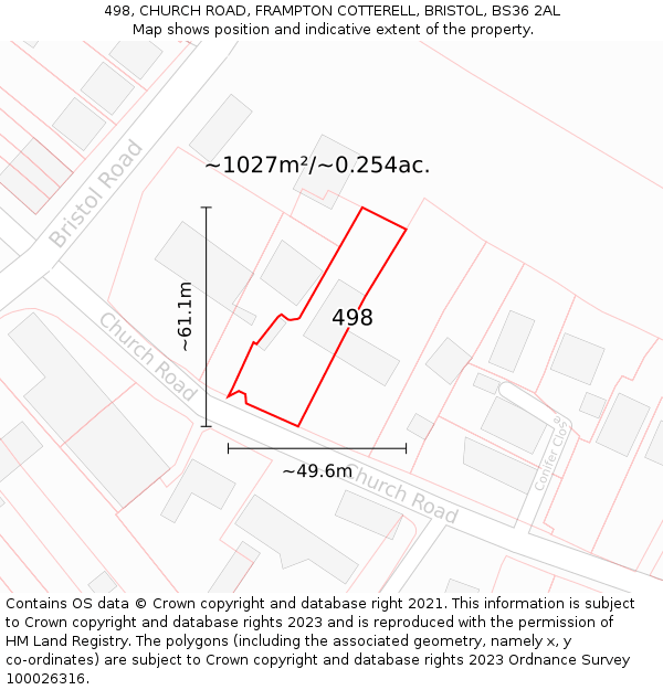 498, CHURCH ROAD, FRAMPTON COTTERELL, BRISTOL, BS36 2AL: Plot and title map