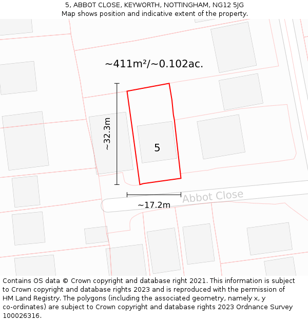 5, ABBOT CLOSE, KEYWORTH, NOTTINGHAM, NG12 5JG: Plot and title map